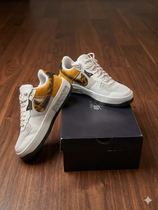 Nike Women’s Air Force 1 White & Leopard Accent Low-Top Sneakers - Picture 1 of 5